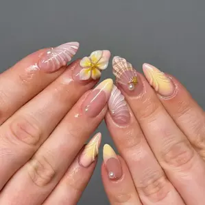 Custom Press on Nails Yellow Pink Shell Flower Nails - 3D Flowers & Pearl Charms - Summer Beach Style - Handmade Acrylic Press On Nails