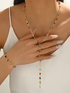 Bohemian Colorful Crystal Embellishments Y-Shape Necklace Set, Vintage Simple Style Jewelry, Perfect Gift for Mother's Day & Valentine's Day Whimsical Necklace