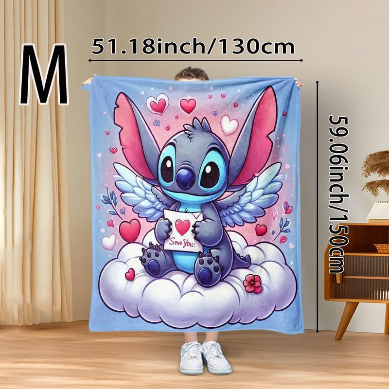 Cute Angel Stitch Cloud Theme Flannel Blanket, Light Blue Bottom, Winged Stitch Hugging Heart Card, I Love You Design, Valentine's Day Gift