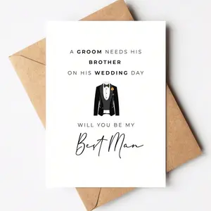 1pc "Will You Be My Best Man" Wedding Groom Proposal Card With Envelope - Greeting Card - Tuxedo Design Brother Best Man Ask Card - Formal Wedding Party Invitation, Blank Inner Page For Writing