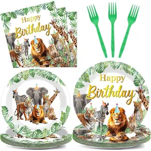 96Pcs Jungle Animals Plates and Napkins Safari Happy Birthday Party Decorations Wild Lion Tiger Theme Tableware for 24 Guests Zoo Birthday Party Supplies