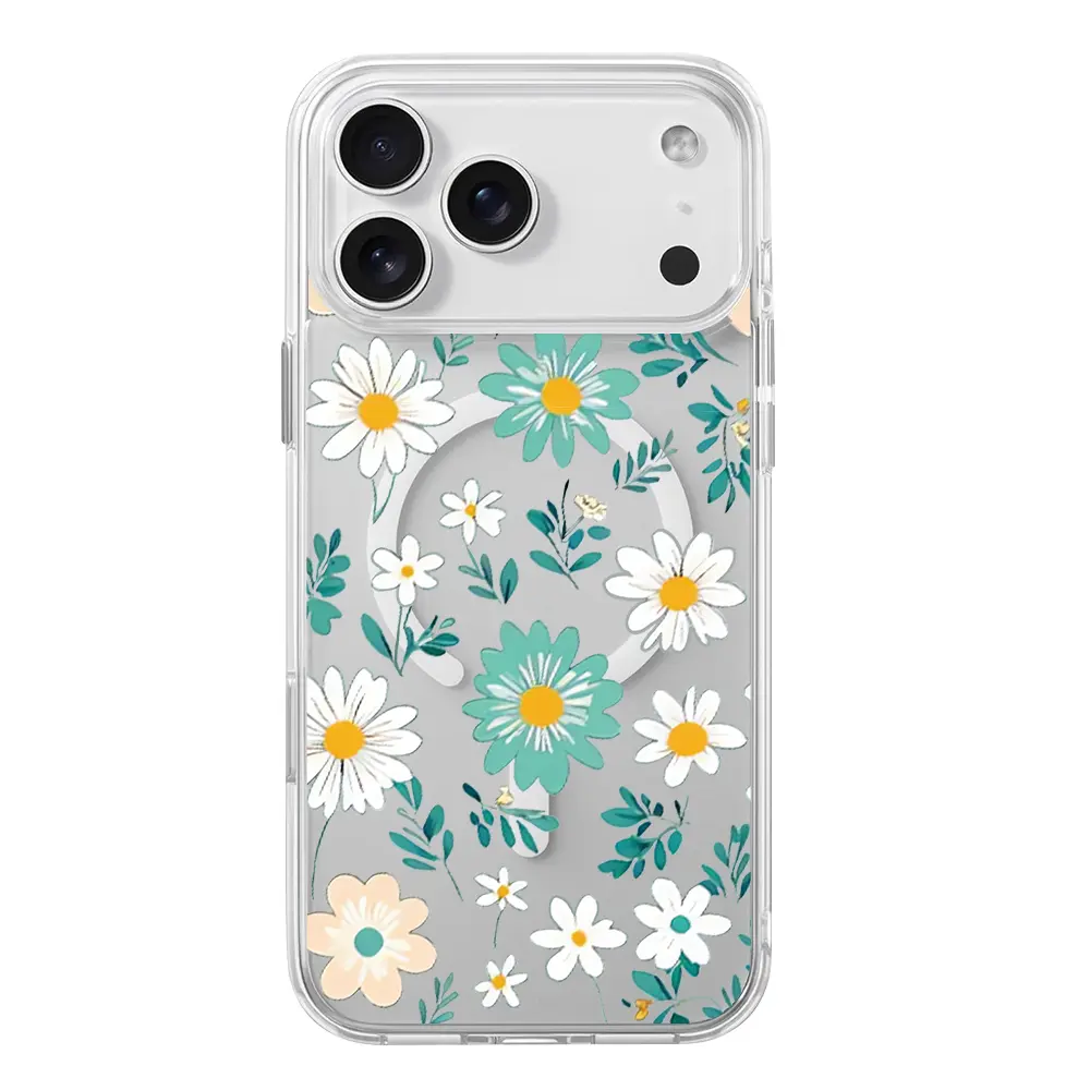 Floral Curve Daisy Wildflower MagSafe Phone Case for iPhone 17 16 15 14 13 12 11 Pro Max Air Plus Aesthetic Flower Pattern Shockproof Clear Plastic Acrylic Cover Smartphone Case Gift for Her Protection TMCX260423015 Military Grade Rotating Camera promax