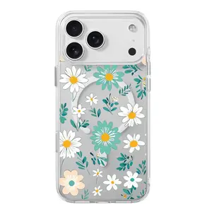 Floral Curve Daisy Wildflower MagSafe Phone Case for iPhone 17 16 15 14 13 12 11 Pro Max Air Plus Aesthetic Flower Pattern Shockproof Clear Plastic Acrylic Cover Smartphone Case Gift for Her Protection TMCX260423015 Military Grade Rotating Camera