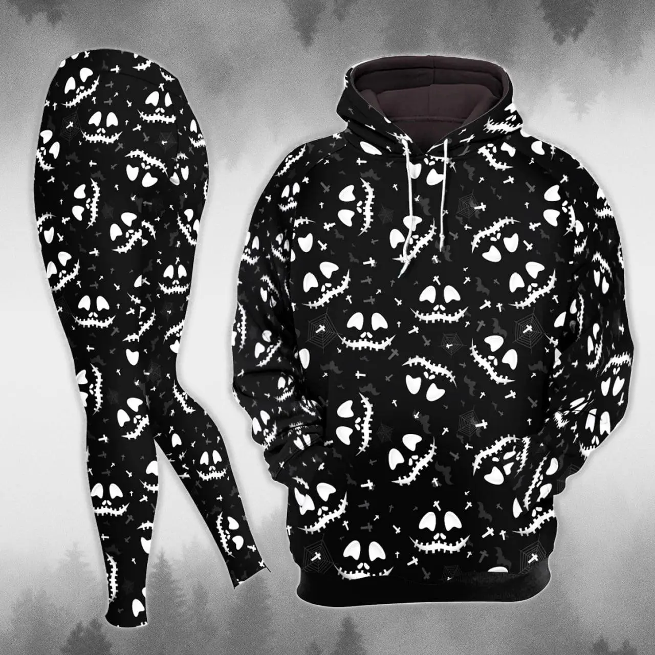 Spooky Skull Hoodie & Legging Set, Halloween Gothic Ghost Face Graphic Women Outfit, Creepy Pumpkin Tracksuit