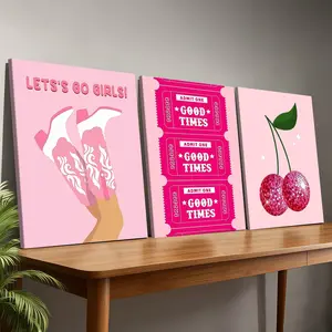 3-Piece Wood Frame Canvas Poster Set, Cherry Girl Art Decor, Modern Living Room Wall Art, Bedroom Office Hallway Decoration