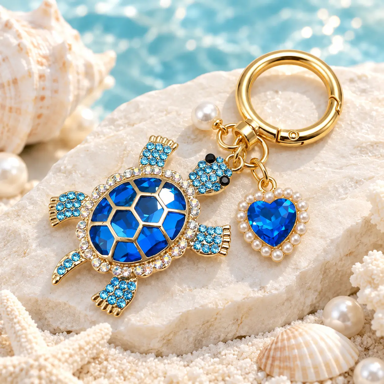 Turtle Keychain, Ocean Theme Charm Keychain Jewelry - Kawaii Turtle Accessory with Pearl Accents, Heart-Shaped, Suitable for Graduation, Back to School, Birthday Gift