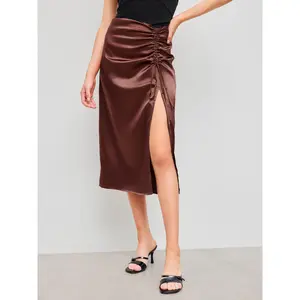 Cider [5 colors, size 2-10] Satin Drawstring Split Midi Skirt