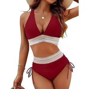 Women 2-Piece High Waisted Bikini Sets Stylish Swimwear Tummy Control Bathing Suits with Adjustable Wide Shoulder Straps Color Block Drawstring Design for Beach Pool Vacation,Surfing, cruising, Side ties and shoulder straps are adjustable.