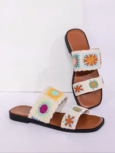 Women's Fashionable Sunflower Pattern Embroidery Design Slip on Sandals, Casual Boho Style Flat Sandals for Summer, Lightweight Breathable Comfortable Shoes for Daily Wear, Girl, Bohemian Trending Sandals