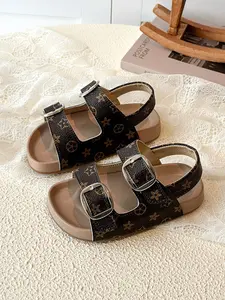 Girls' Vintage Floral Buckle Sandals, Classic Stars & Round Print Decor, Durable PU Leather, Non-Slip Rubber Sole, Waterproof Easy Clean