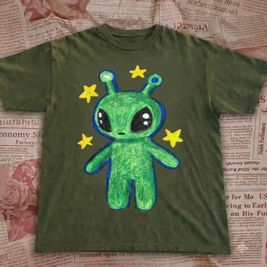 Vintage Crayon Draw Green Alien Graphic Tee, Retro Outer Space Stars Kawaii Shirt, Loose Fit Unisex Top