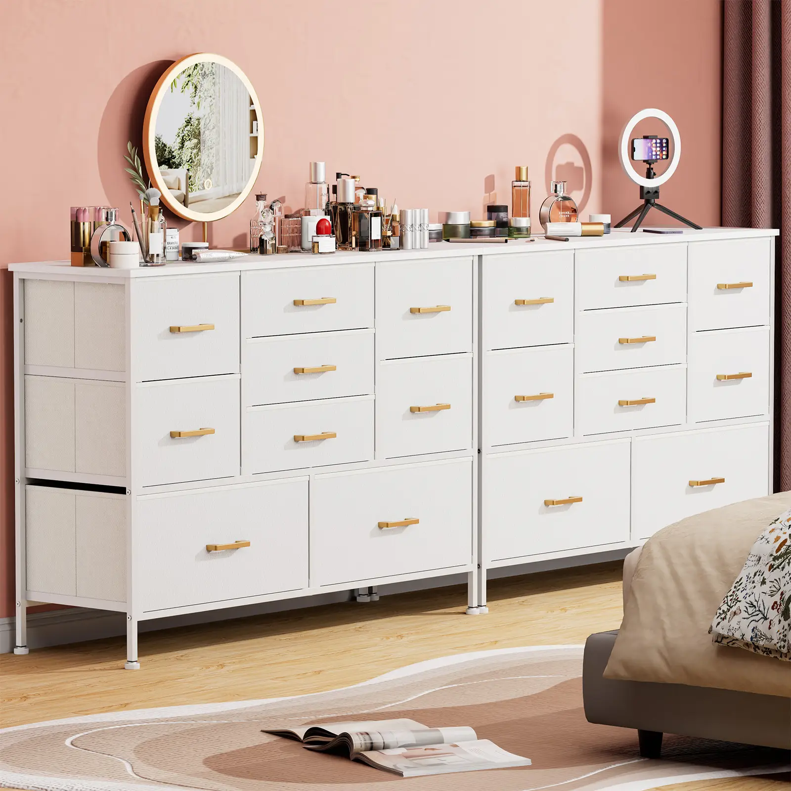 Long Dresser for Bedroom Wide Dresser with 9 Drawers TV Stand for 43” TV, Entertainment Center Dresser for Living Room, Fabric Chest of Drawers with L