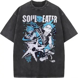 valentine shirts Japan Anime Soul Eater Black Star Printing T Shirt Men Washed T-shirts Casual Loose Tee Harajuku Male Manga Retro Tshirt
