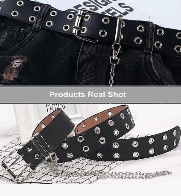 Gothic Belt with Chain, Double Grommet Buckle Leather Belt for Men and Women, Fashion Belt for Jeans and Pants, Punk Rock Y2K Style