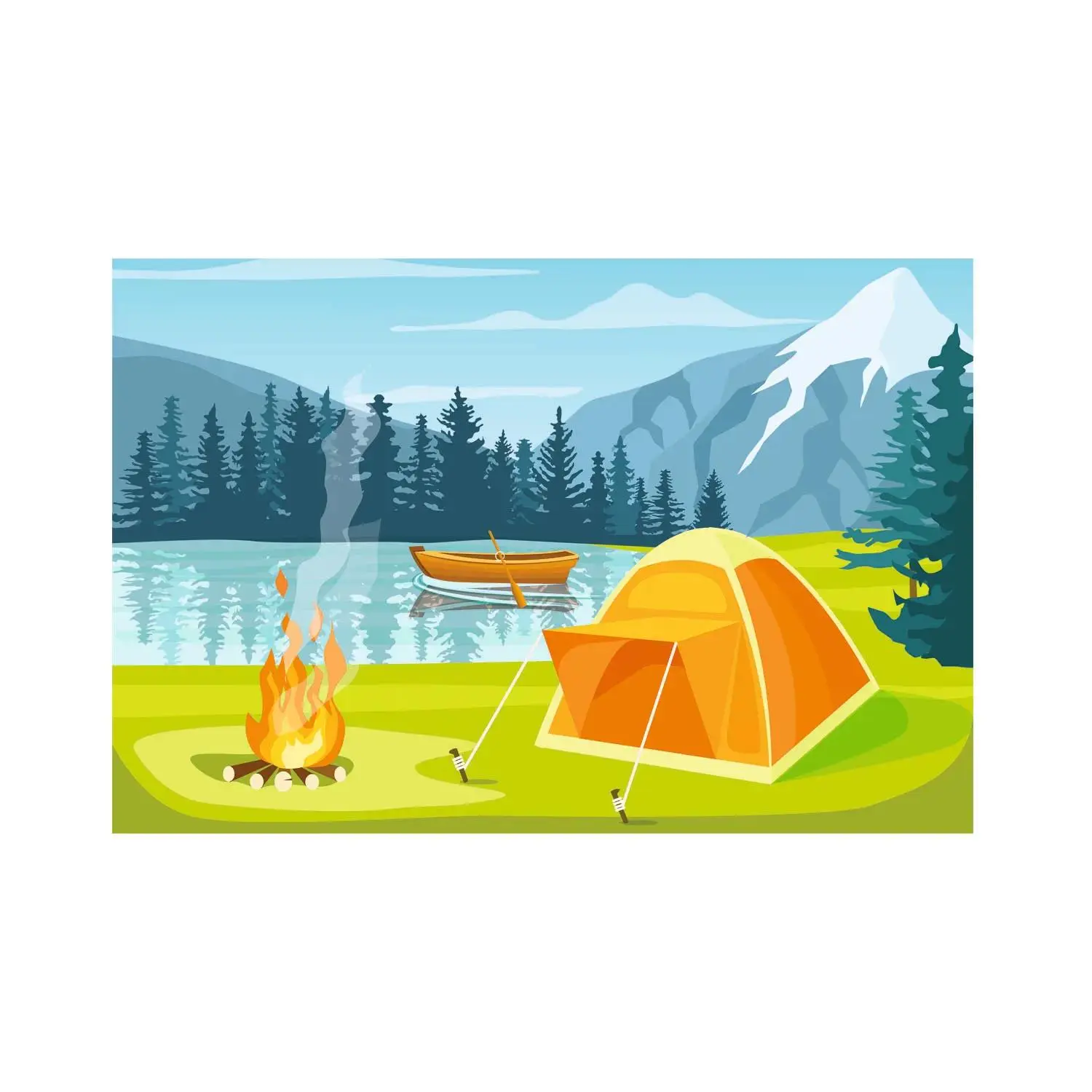 Camp Site Mountain Lake Scene Polyester Backdrop Set - 8 ft x 6 ft