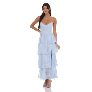 Floral Ruffle A-line Maxi Dress in Sky Blue