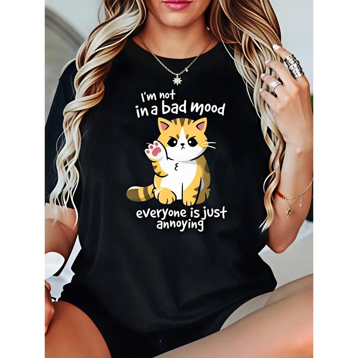 Cute Cat, Women's T-Shirt, I'm Not In A Bad Mood Everyone Is Just Annoying, Pure Cotton T-Shirt, Casual Wear, Spring Summer, Gift For Cat Lovers