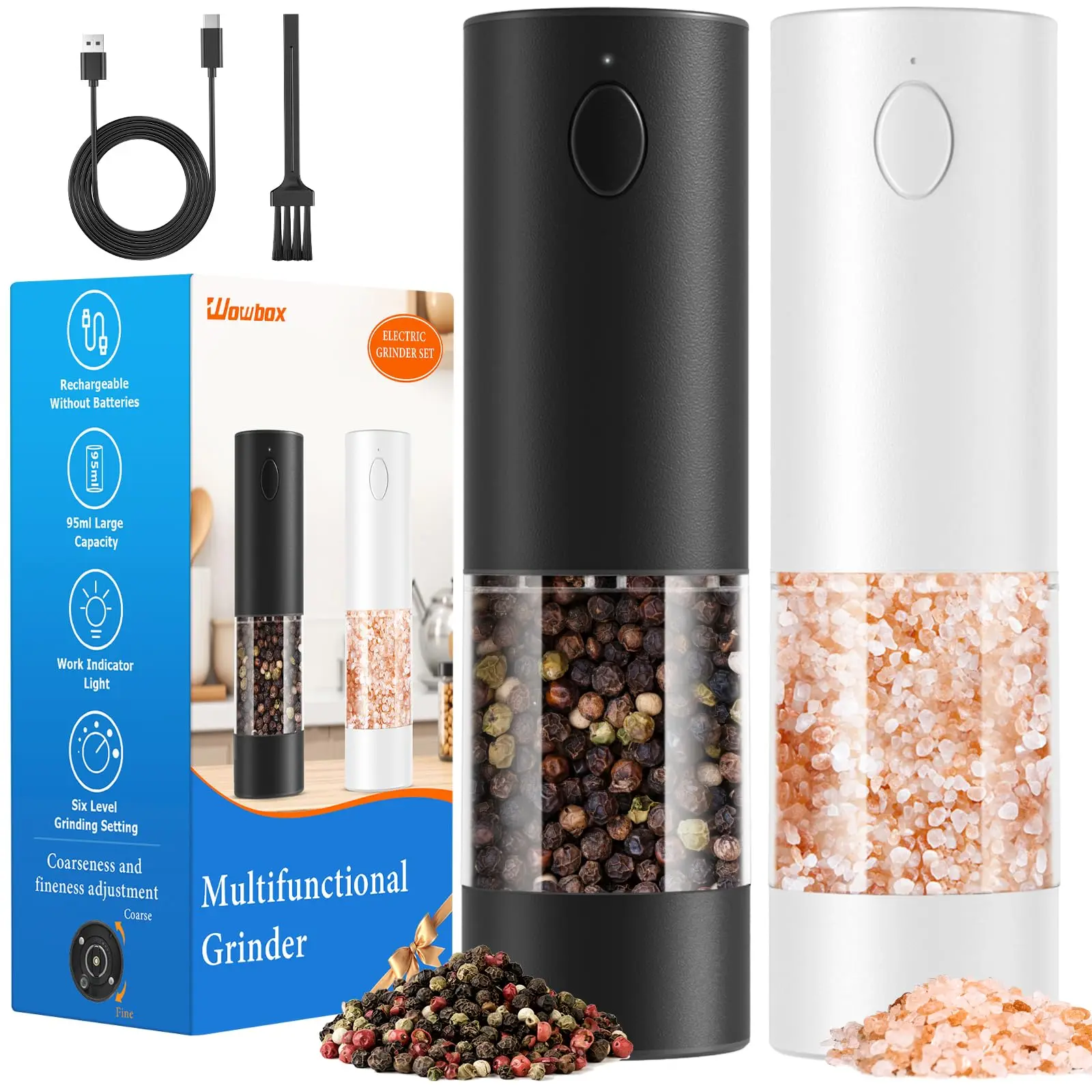 HOMEHACKS Sturdy Rechargeable Electric Salt & Pepper Spice Grinder Sets - Automatic, 6-Setting Adjustable Coarseness, 1-Hand Button-Controlled, 95ml Transparent Container Kitchen Seasoning Utensils, 180-Grind Charge, 30+ Day Runtime, Ideal for Gifting