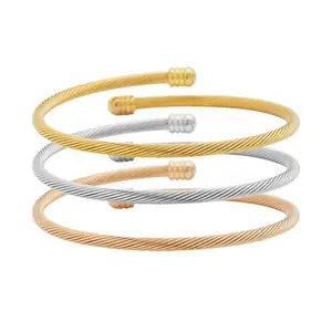 Stately Steel Tri-Color Cable Wire Twisted Adjustable 3-piece Cuff Set