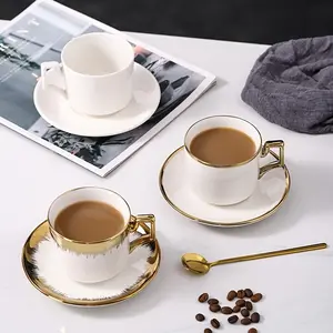 European Style Gilded Ceramic Coffee Cup Set, 200ML, Includes 1 Cup, 1 Saucer & 1 Spoon, Perfect for Tea, Coffee, Milk, Beverage, Festival Gifts
