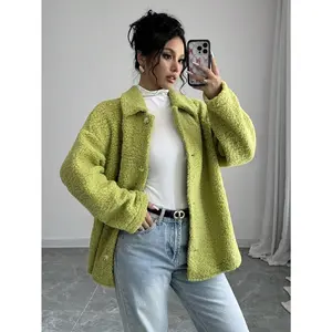 ChicEase Solid Color Front Button Long Sleeve Casual Sherpa Collar Jacket Fit Polyester Tops Green Womenswear Coats