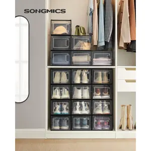 SONGMICS Pack of 12 Shoe Storage Organizers, Clear Plastic Boxes for Closet, Sneakers, 9.9 x 13.7 x 7.4 Inches, Fit up to US Size 13