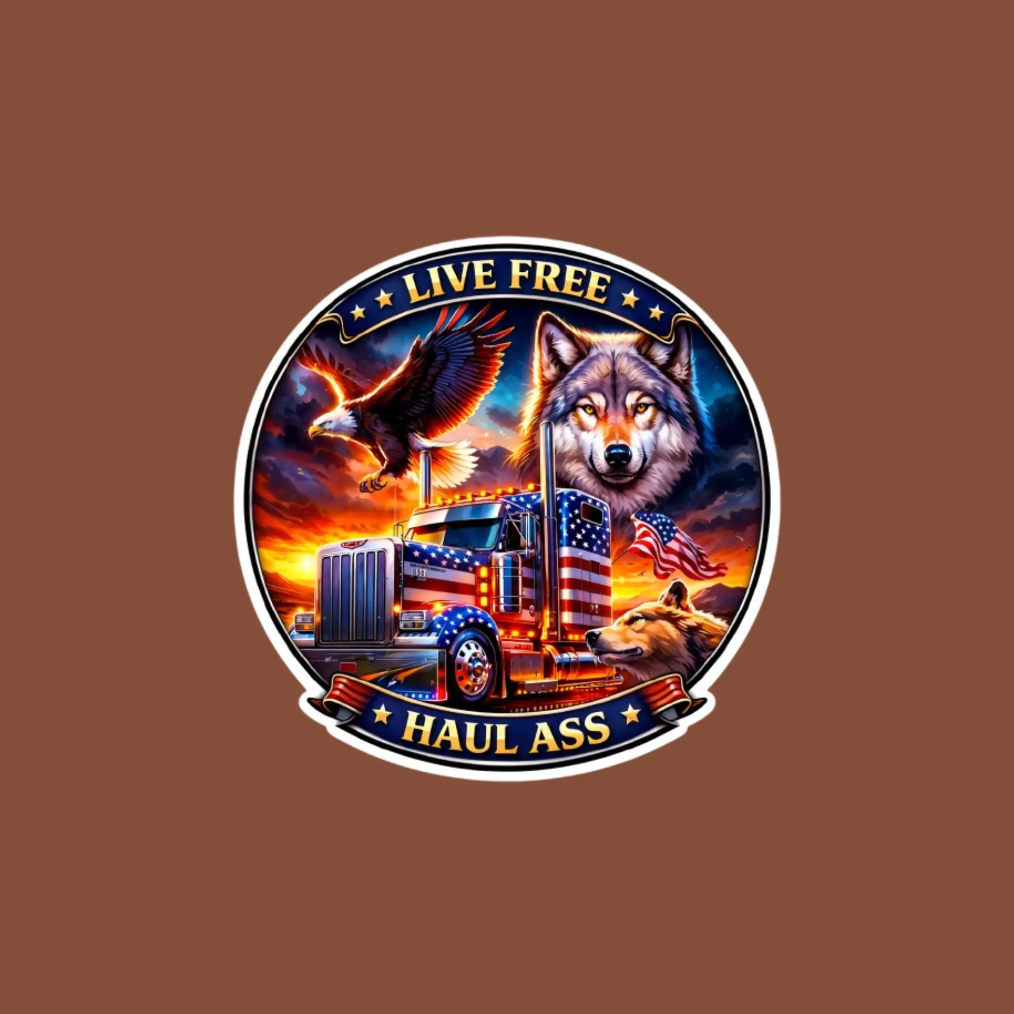 American Trucker Freedom Sticker, Eagle Wolf Semi Truck Artwork, Patriotic USA Vinyl Decal