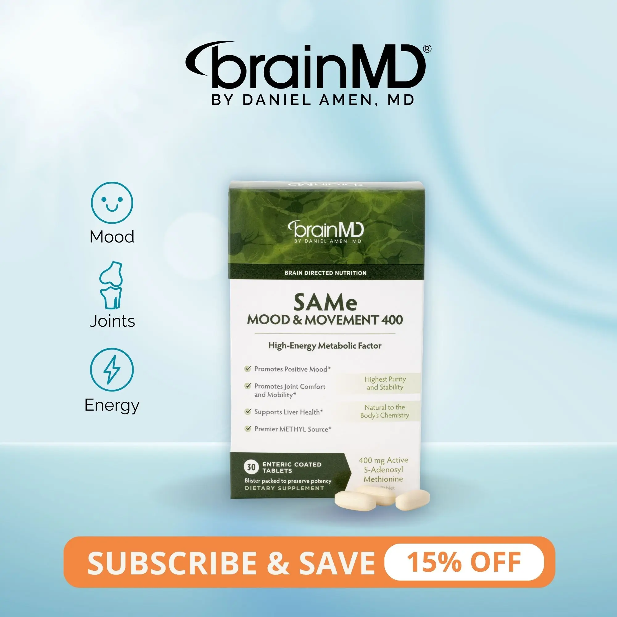 SAMe Mood and Movement 400 | BrainMD | 30 Tablets | Mood Balance & Emotional Wellness | Joint Comfort & Mobility Support | SAMe (S-Adenosyl-L-Methionine) 400mg