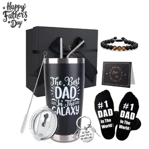 Dad Gifts for Fathers Day, 8PCS Best Dad Ever Gift Set with 20oz Tumbler, Socks, Bracelet, Keychain, Straw Brush, Card & Gift Box, Fathers Day Gifts from Daughter Son Kids, Birthday Christmas Gifts for Dad