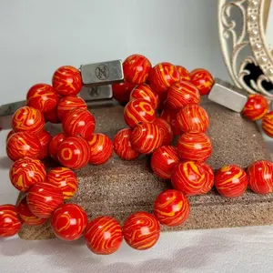 Robin Dawkins "Tiger Lilies" Semi-Precious Stone Bracelet - 12mm Orange Malachite Beads on Stretchy Cord for Bold Style