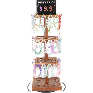 Bracelet Holder, 360 Rotating  Holder Organzier with Tray, Wooden  Tower with 48 Hooks, 4-Tier Large Capacity  Display Stand for Vendors Sell Bracelet  Earring