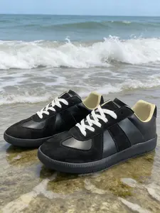 2026 Unisex Casual Shoes, PU Leather Low Top Sneakers, Medium Width Rubber Sole, Patchwork Design, All-Season Wear, Deep
