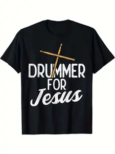 Men'S Plus Size for Jesus Drummer T-Shirt - Drum And Cross Design with Drummer for Jesus Lettering 100% Oversized Fit (S-3XL) Breathable Music Ministry Tee for Church Events Concerts And Casual Wear - Drummers Apparel PLUS SIZE