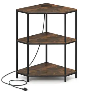 COSTWAY - Corner Printer Stand 3-Tier Corner Shelf with Charging Station and Metal Frame-Rustic Brown
