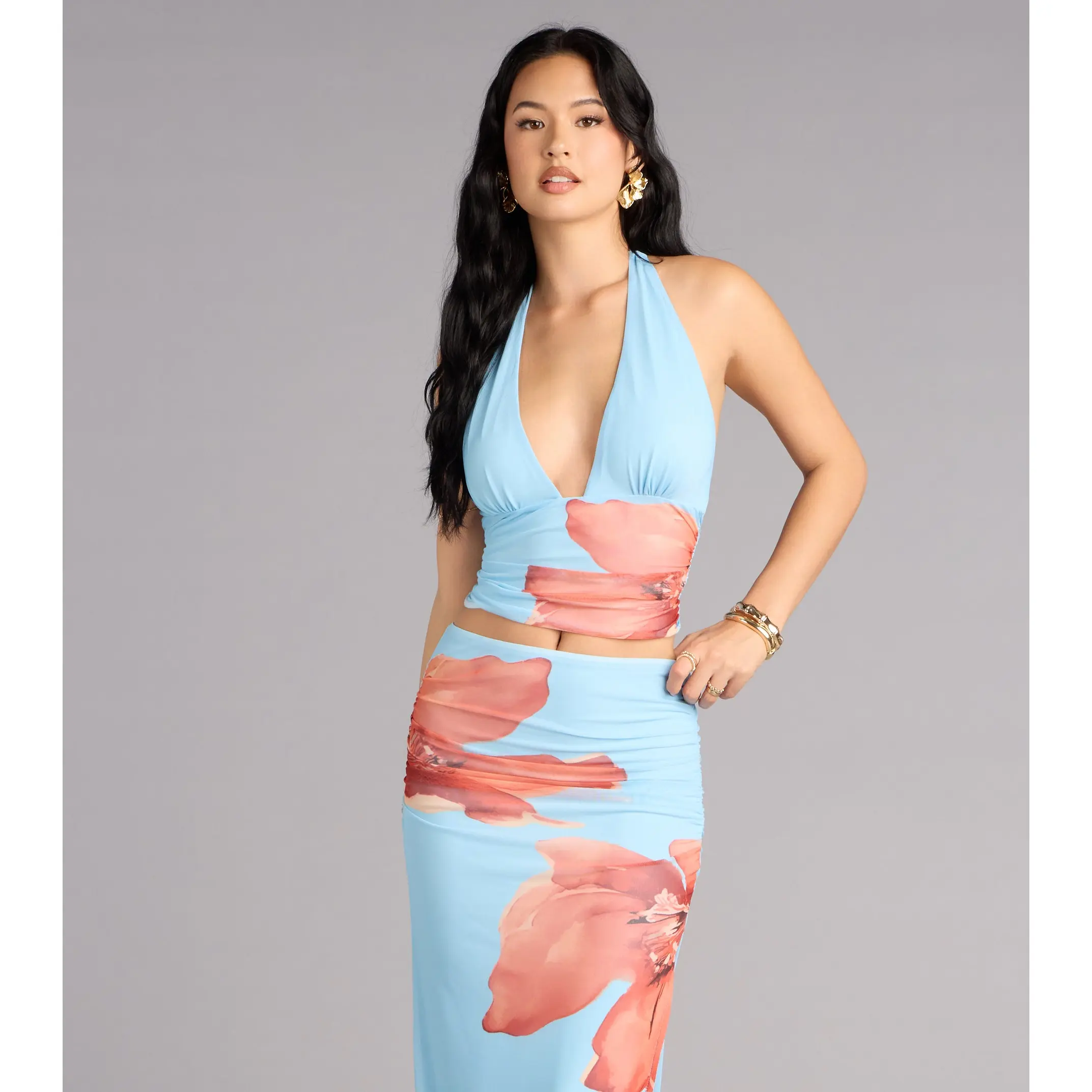 Vacay Bloom Floral Mesh Halter Top