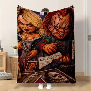 Horror Movie-Themed Flannel Blanket - Killer Dolls & Creepy Characters Design, Soft Warm All-Season Throw For Home Decor, Halloween, Travel, Camping - Mixed Colors, Halloween Decorations