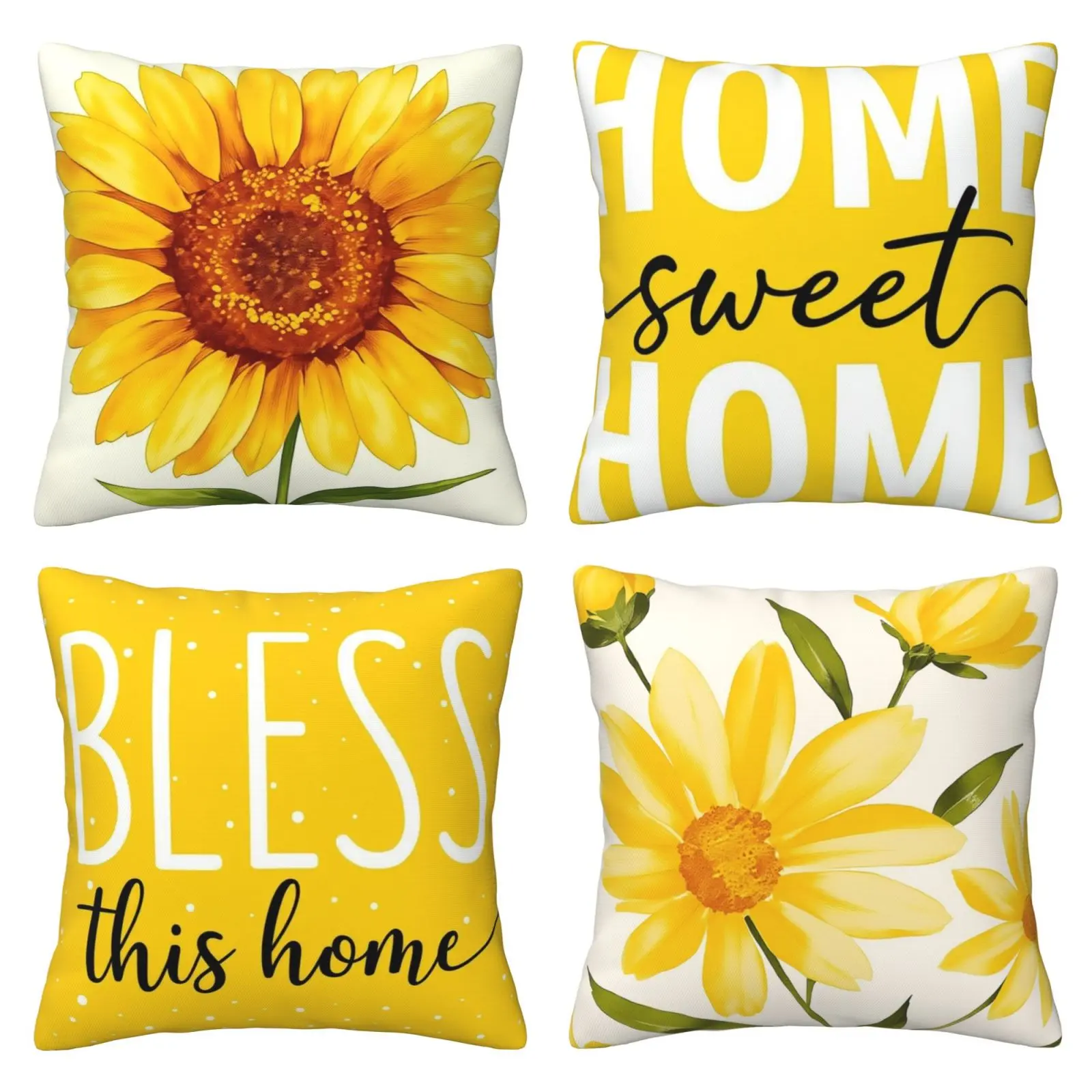 Spring Pillow Cover Yellow Flower Pillow Cover, Sofa Decorative Cushion Cover 4-piece Set Double sided Printed Home Textile