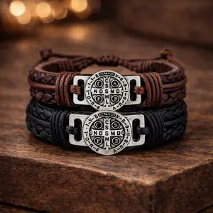 St Benedict Medal Braided Leather Bracelet – Catholic Spiritual Protection Bracelet for Men, Adjustable Christian Gift