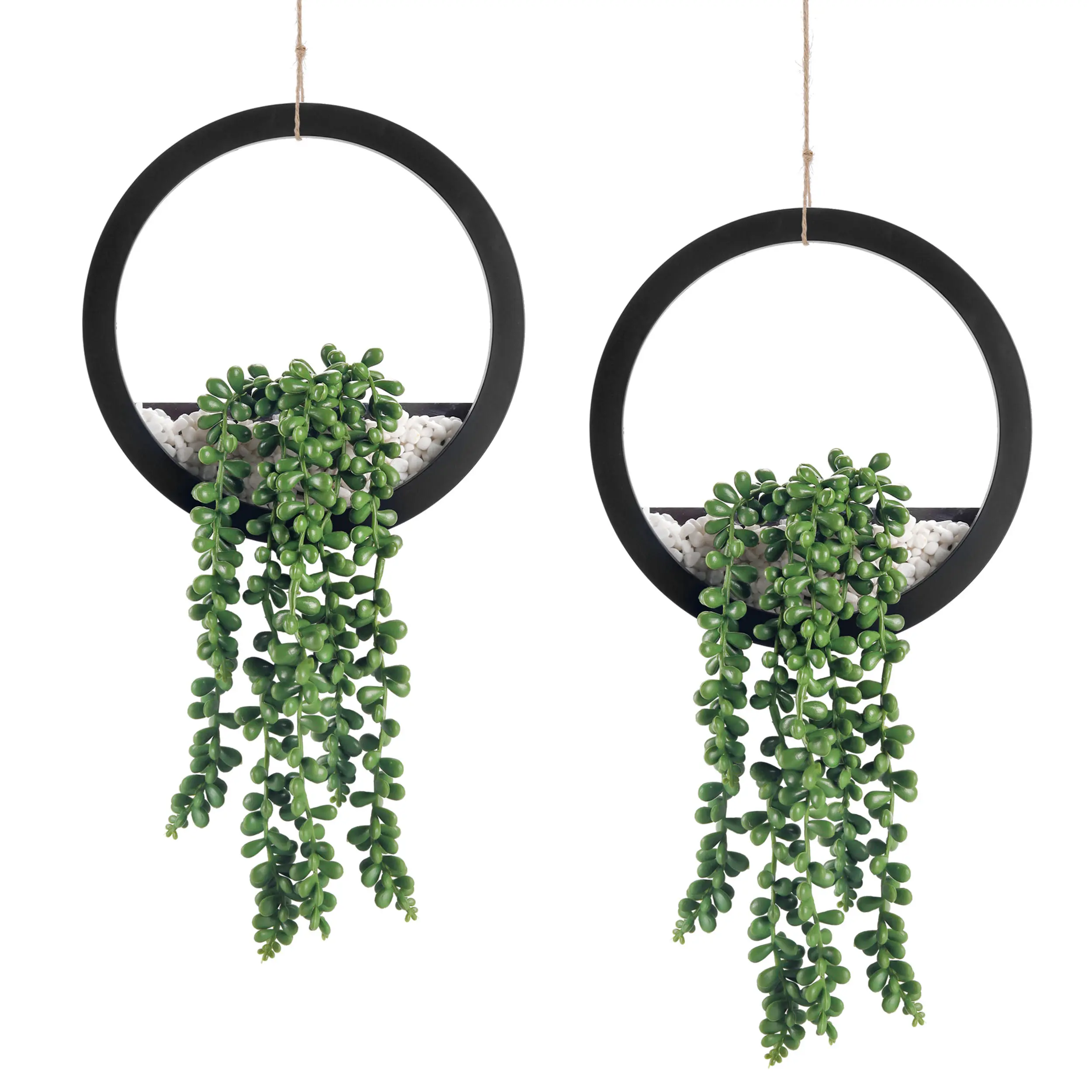 Der Rose 2-Pack Plastic Hanging Succulent Fake Plant Vine & Round Black Artificial Potted Flower, Indoor Outdoor Decorative Wall Decor, Living Room Room Accessories, Home Decor Botanical Arrangement