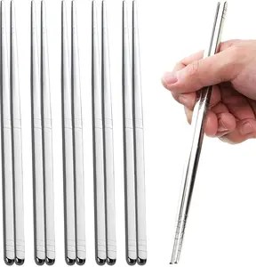 5 Pairs Metal Chopsticks 8.8 Inches Long, Reusable Square Stainless Steel Chopsticks Set, Non-slip Dishwasher Safe Chop Sticks, Ideal for Asian Dishes, Mirror-Polished