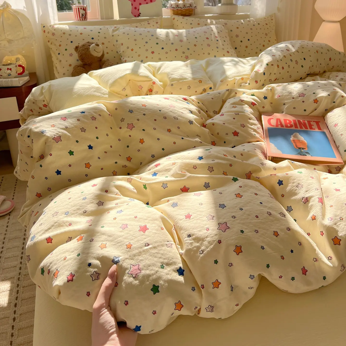 3pcs/4pcs Cloud Feel Double Layer Cute Star Soft Bedding Set, Dormitory Bedding for Students, Cartoon Print Bed Linen, Bed Sets Supplies, Comfy Bedding Set