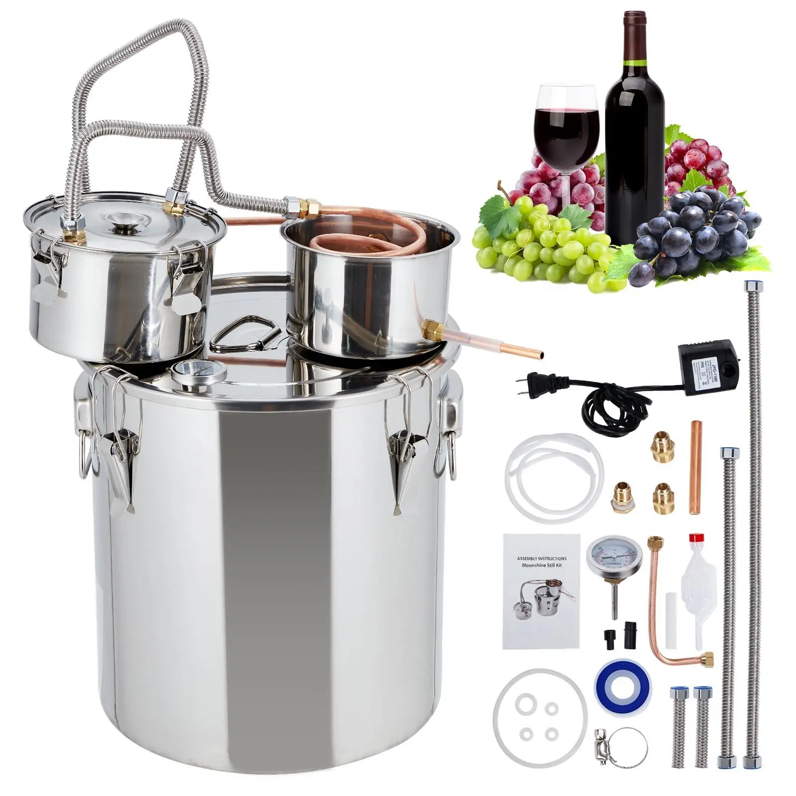 Garvee 10 Gallon Stainless Steel Alcohol Distiller Kit for Home Brewing – Complete Set with Copper Coil Condenser, Water Pump, Thermometer, Thickened Bottom – Ideal for Whiskey, Brandy, Basic Oils, Wine