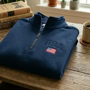 USA EmbroideredQuarter Zip, Red White Blue American Flag Detail