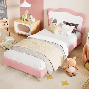 Grey/Pink White Velvet Low Profile Full Bed Frame For Kids Cozy Soft Padded Headboard Design Durable Wood Slat Support Quiet Stable Sleeping Base Sturdy Construction Easy Install Perfect For Boys And Girls Bedroom