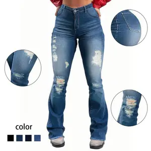 Vintage distressed high-waisted irregularly cut frayed bell-bottom denim pants for women, summer slimming pants with fringes at the hem reaching the floor