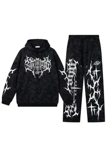 Men's Vintage Wash Tie-Dye Cross Print Hoodie & Sweatpants Set, Casual Fashion Streetwear, Fall Winter, 2 Piece Set