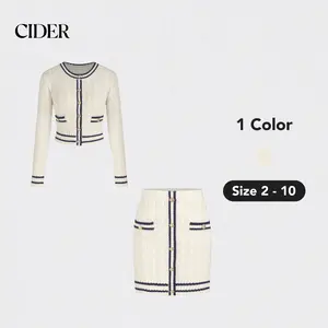 Cider [1 color, size 2-10] Knit Round Neckline Button Contrasting Binding Crop Top With Mini Skirt