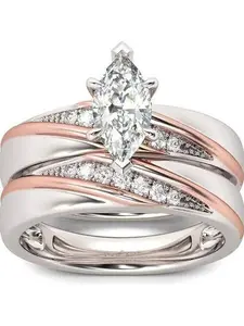 Two-tone rose gold and gold diamond-shaped zirconia set with diamonds two-piece women's ring