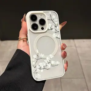 Elegant White Magnolia Flowers MagSafe Smartphone Case, Stylish Protective Accessory with Non-Yellowing, Shockproof Soft TPU & Transparent Acrylic Casing for iPhone 11-17, XR, XS, Plus Devices, Wireless Charging Support