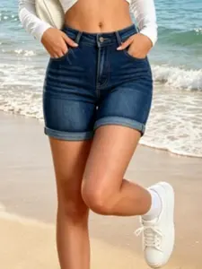 Distressed Medium Wash Mid Rise Denim Shorts